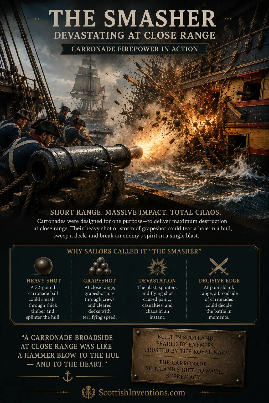 Carronade cannon delivering devastating close-range firepower during a naval battle.