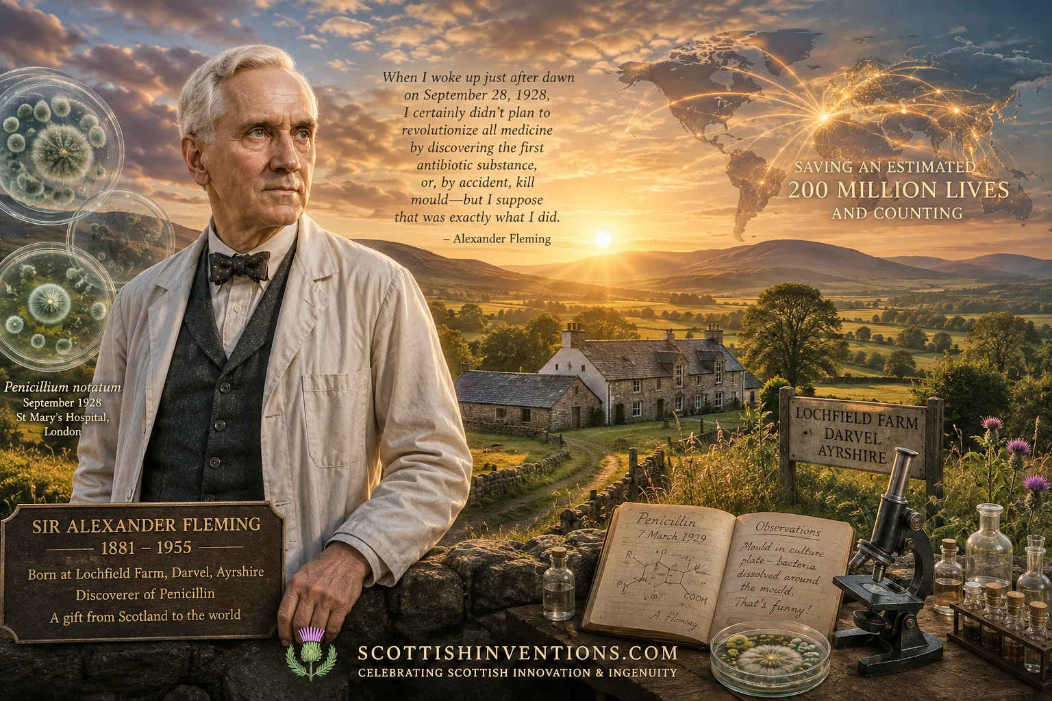 Sir Alexander Fleming, the Ayrshire farm boy who discovered penicillin, with Lochfield Farm in Darvel and his 1928 lab notebook