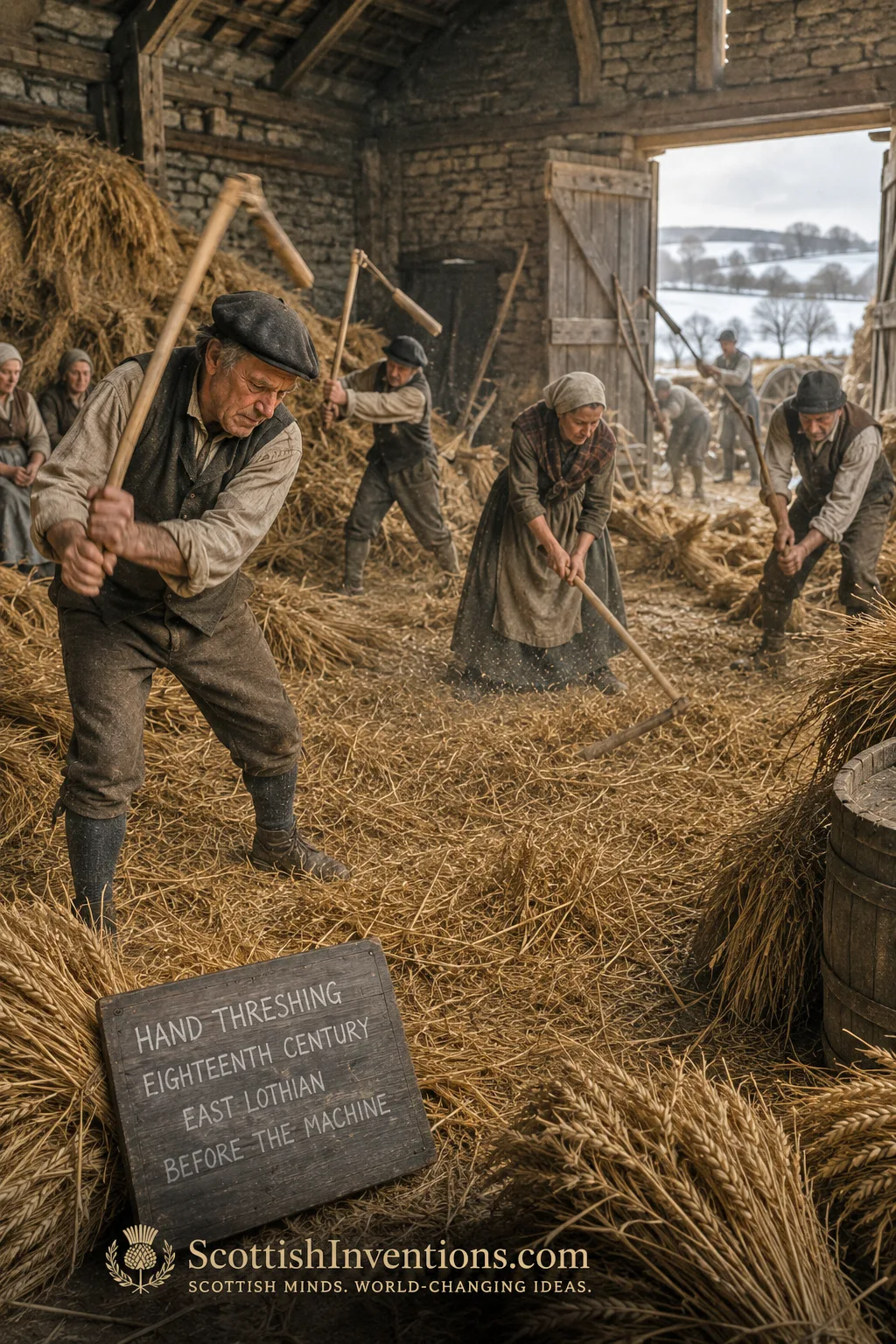 Eighteenth-century East Lothian barn before mechanisation — men and women threshing sheaves of wheat by hand with wooden flails on the barn floor