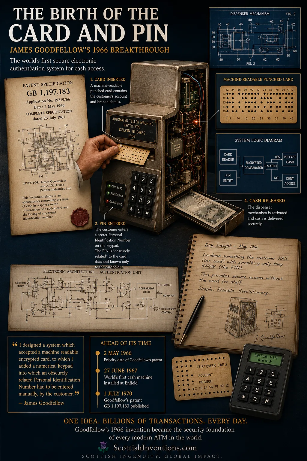 James Goodfellow's card and PIN authentication system patented in 1966