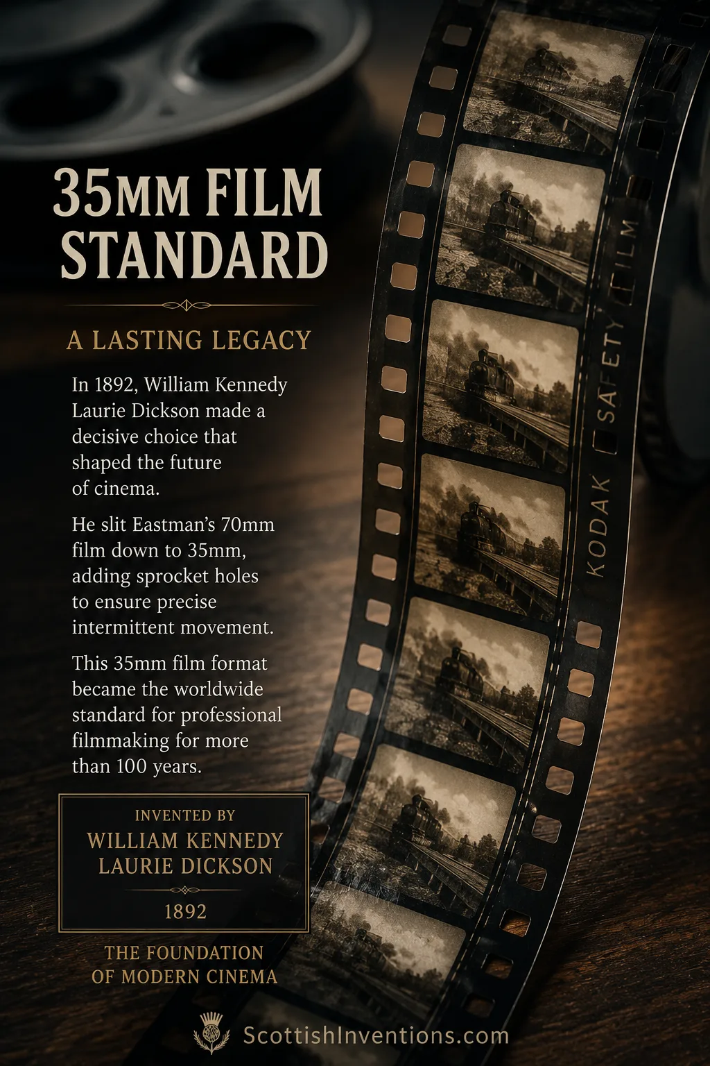 Close-up of 35mm motion picture film showing the sprocket holes standardized by William Kennedy Laurie Dickson.