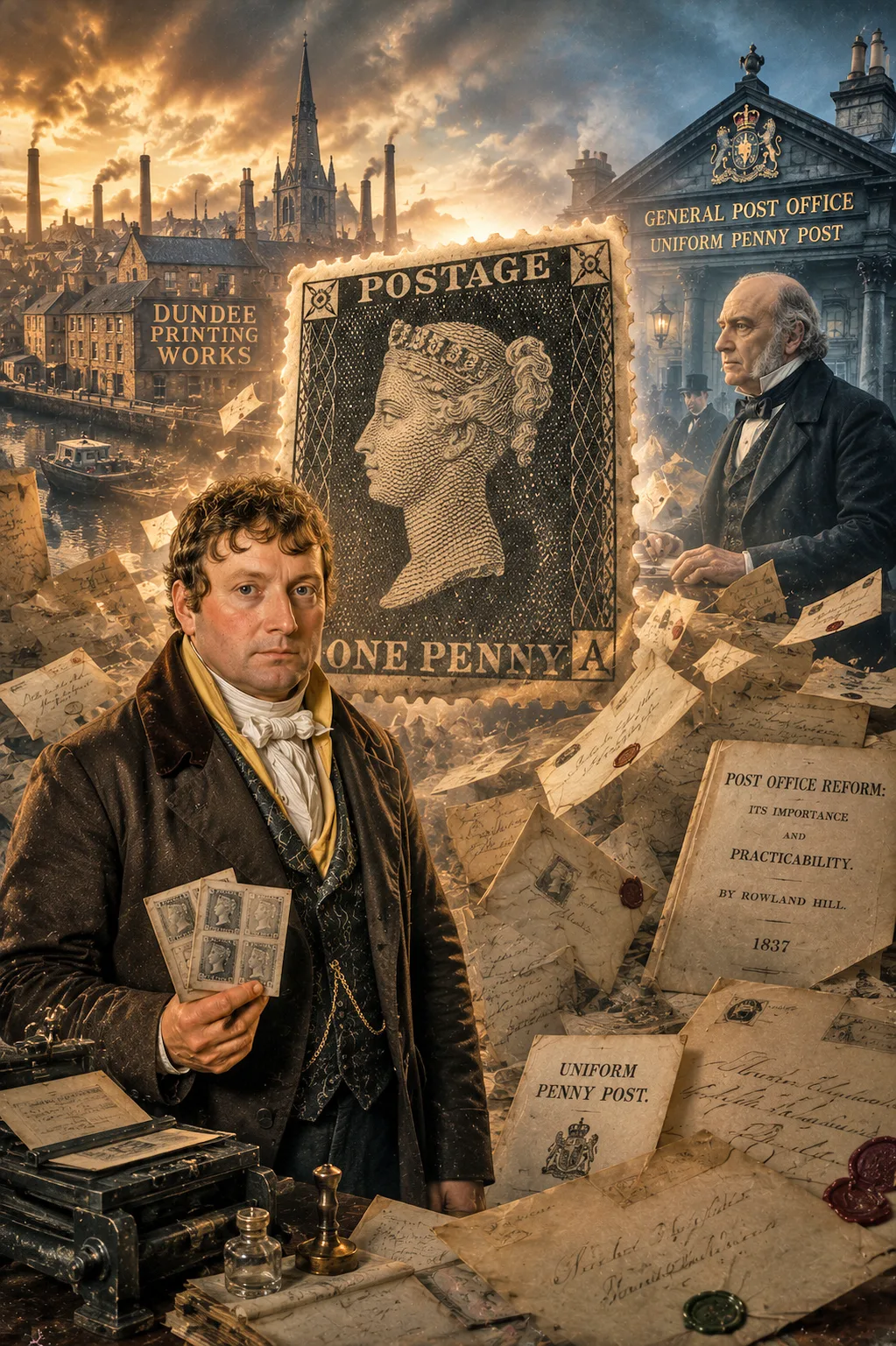 James Chalmers with the Penny Black illustrating the worldwide legacy of the adhesive postage stamp