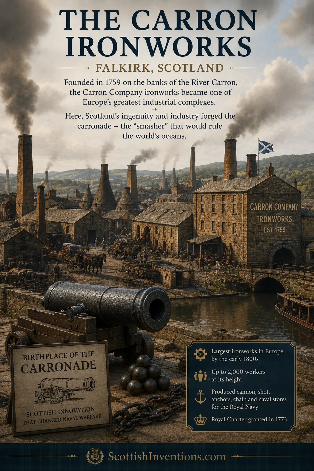 Carron Ironworks near Falkirk, Scotland, birthplace of the carronade naval cannon.