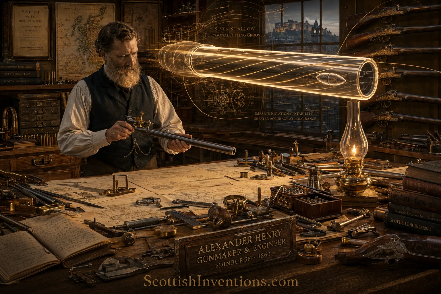 Alexander Henry in his Edinburgh workshop with the glowing polygonal barrel Alexander Henry in his Edinburgh workshop developing his revolutionary seven-groove rifling system