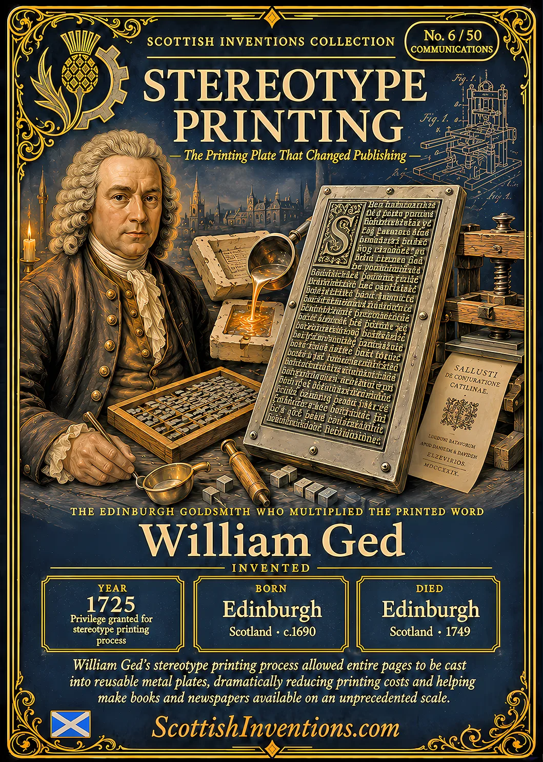 Stereotype Printing collectible card — William Ged, born Edinburgh Scotland circa 1690, died Edinburgh Scotland 1749, inventor of the first practical stereotype printing process, creator of reusable cast printing plates, Scottish Inventions Collection No. 6 of 50.
