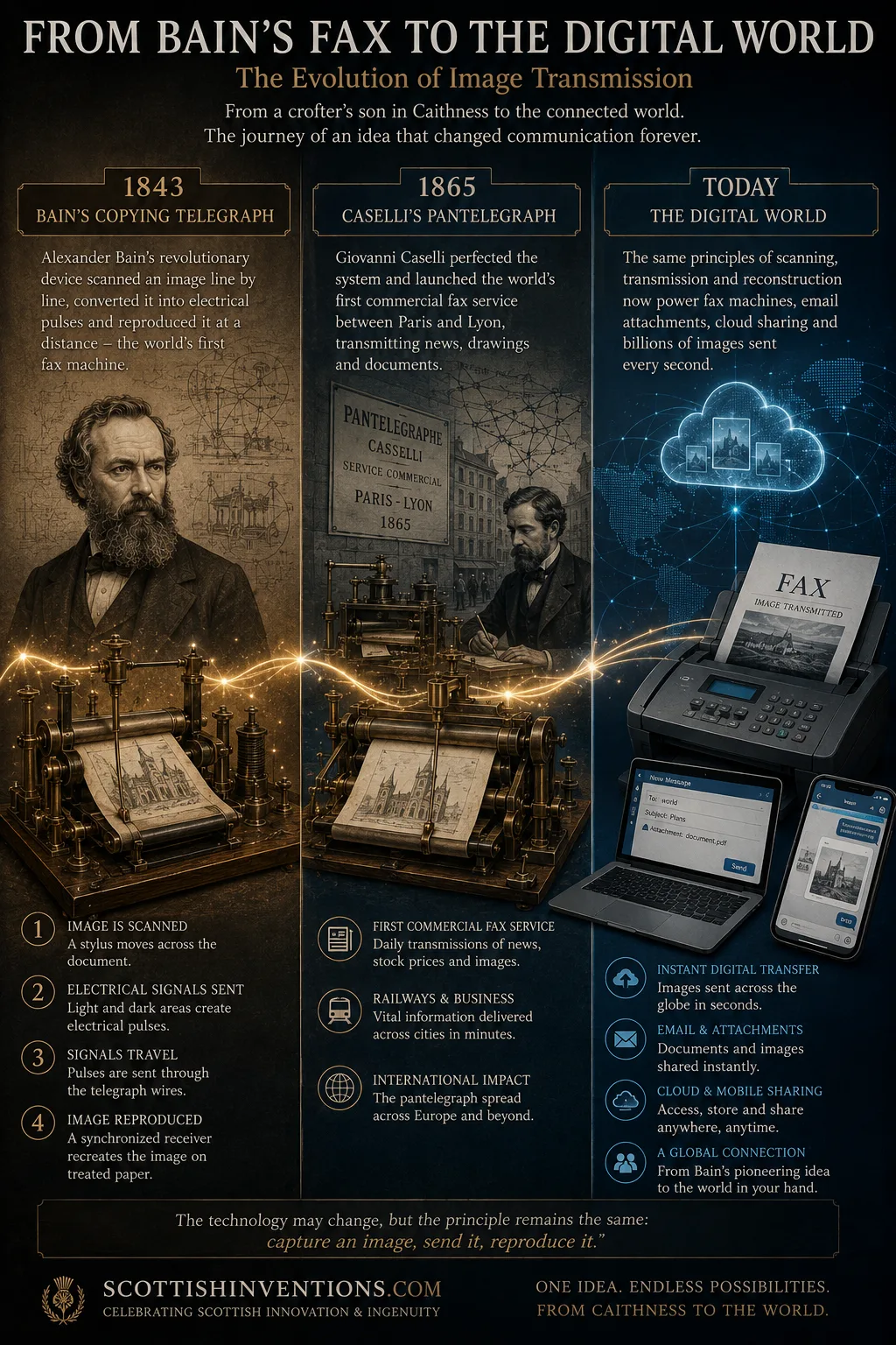 Timeline showing the evolution from Alexander Bain's 1843 fax invention to today's digital communications