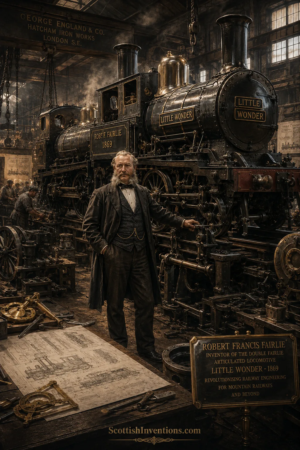 Robert Francis Fairlie in the workshop Scottish railway engineer Robert Francis Fairlie standing beside the Double Fairlie locomotive in a Victorian locomotive workshop.