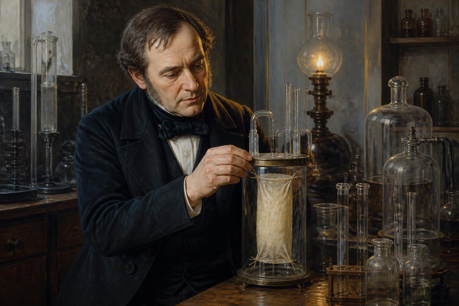 Thomas Graham examining a parchment-membrane dialyser in a nineteenth-century Glasgow chemistry laboratory.