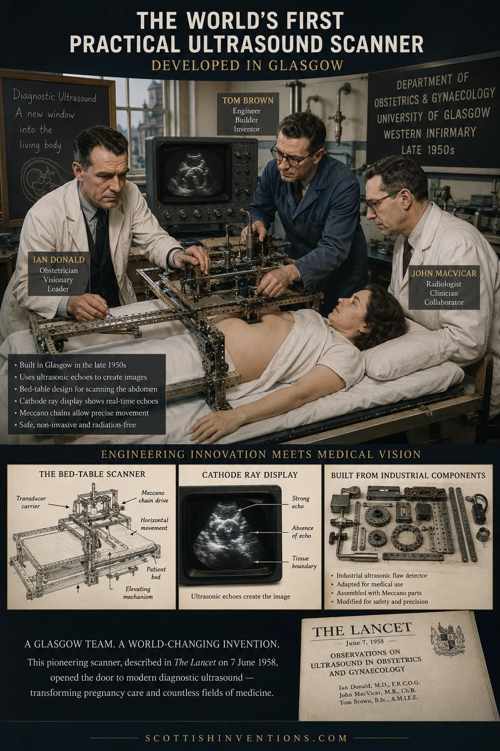 The world's first practical ultrasound scanner — Glasgow, late 1950s The world's first practical ultrasound scanner developed by Ian Donald, Tom Brown and John MacVicar in Glasgow.