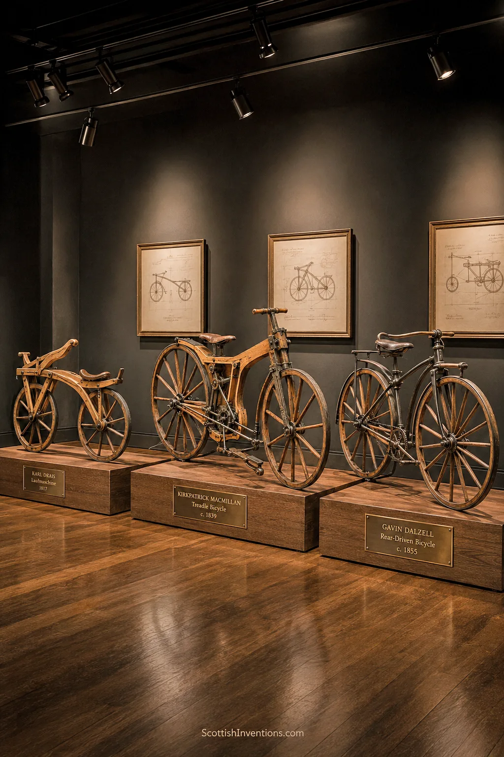 Comparison of Karl Drais hobby horse Kirkpatrick Macmillan bicycle and Gavin Dalzell bicycle