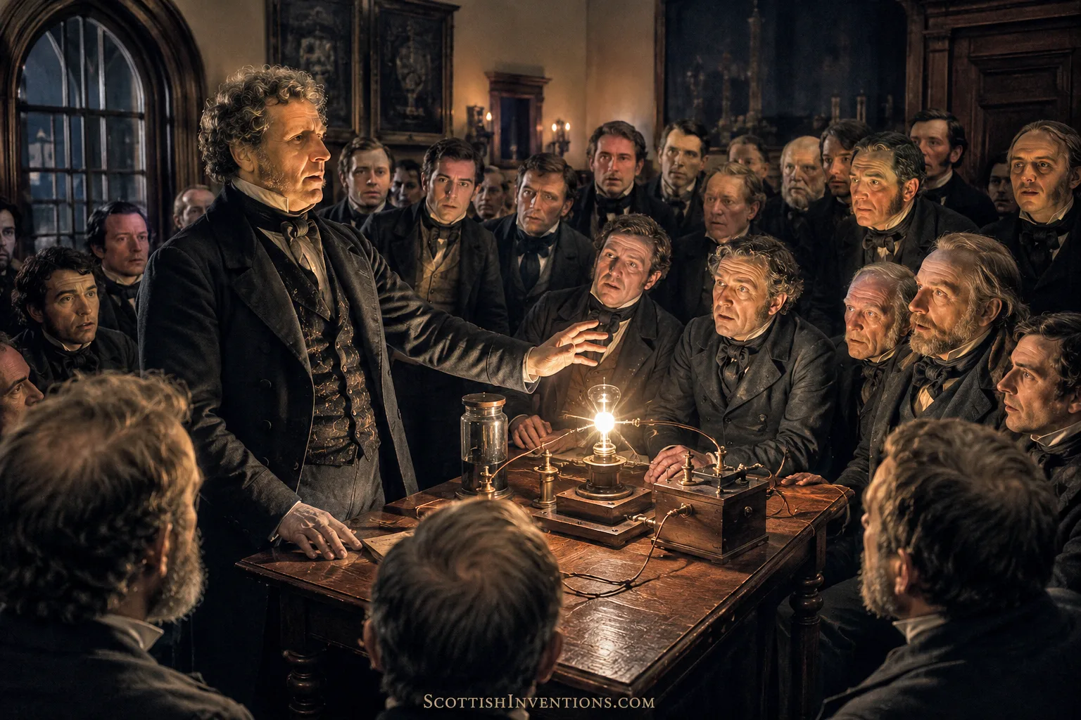 James Bowman Lindsay demonstrating his constant electric light to an audience in Dundee
