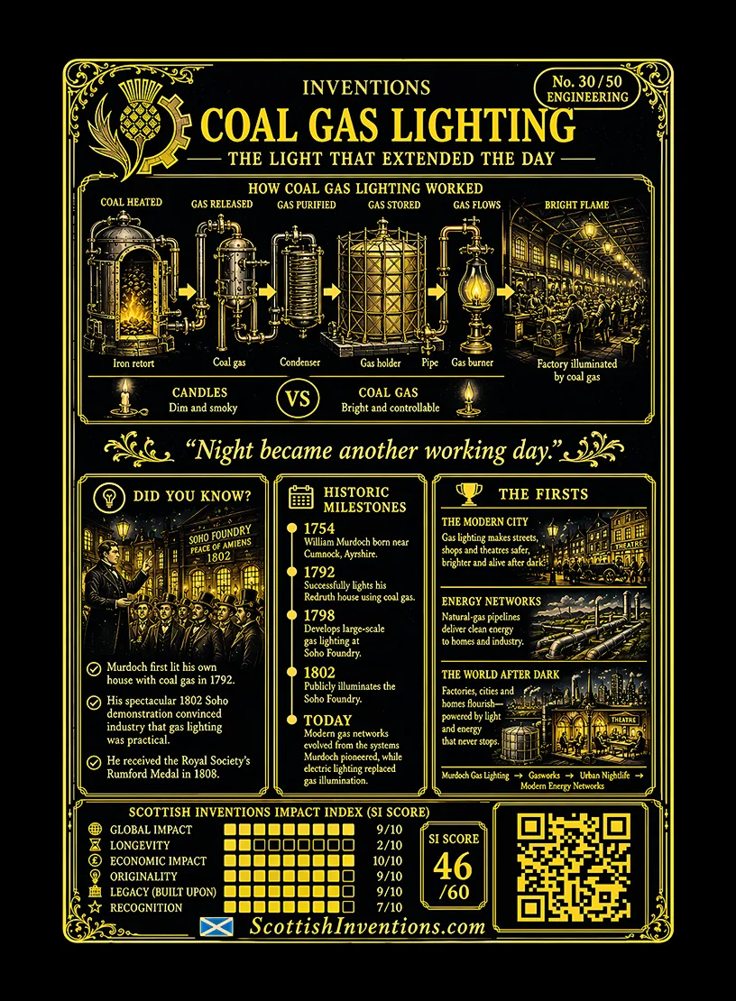 Coal Gas Lighting back — Scottish Inventions Collection Coal Gas Lighting card reverse explaining how William Murdoch converted coal into illuminating gas using retorts, gasometers and distribution pipes, with engineering diagram, historical timeline and Industrial Revolution impact