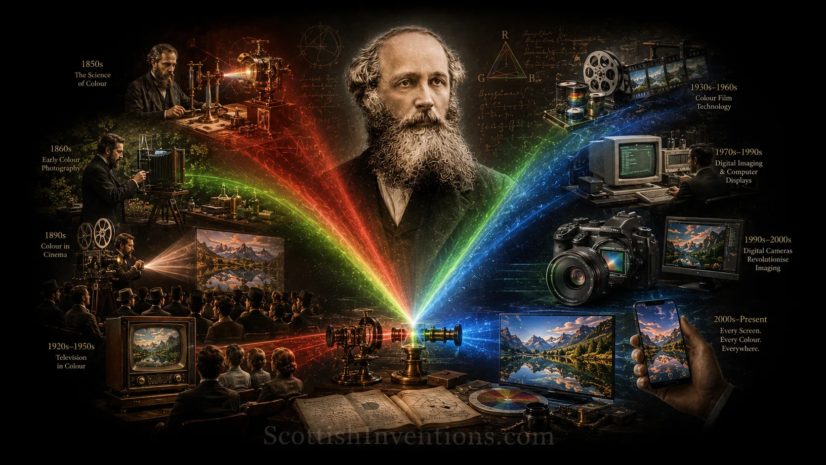 Timeline showing how James Clerk Maxwell's RGB theory evolved into colour photography, cinema, television, computer displays and smartphones