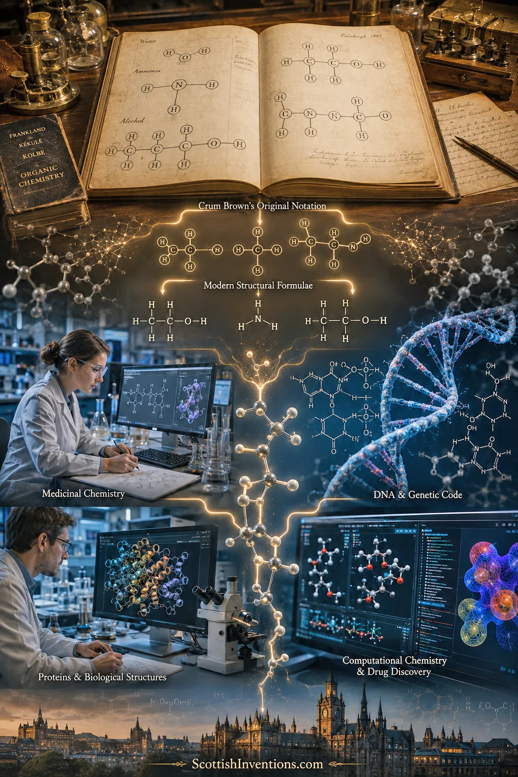 A legacy chain from Crum Brown's 1861 notation through modern structural formulae to medicinal chemistry, DNA, protein structures and computational drug discovery.