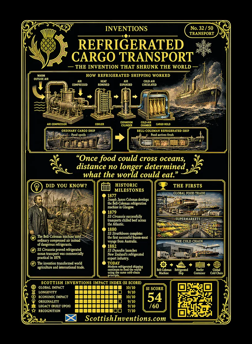 Refrigerated Cargo Transport / Refrigerated Cargo Transport Back back — Scottish Inventions Collection Refrigerated Cargo Transport card reverse — engineering diagram explaining the Bell-Coleman compressed-air refrigeration cycle, timeline from the 1877 patent to the historic frozen meat voyages of SS Circassia, SS Strathleven and SS Dunedin, plus historical context explaining the birth of the modern cold chain.