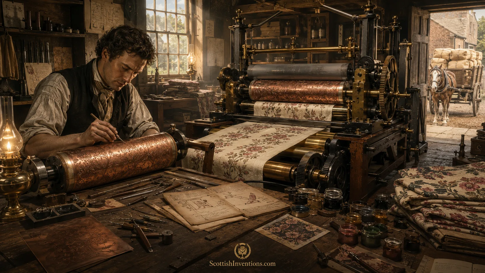 Thomas Bell Invents Roller Printing Thomas Bell engraving the world's first roller printing cylinder beside his revolutionary textile printing machine in 1783.