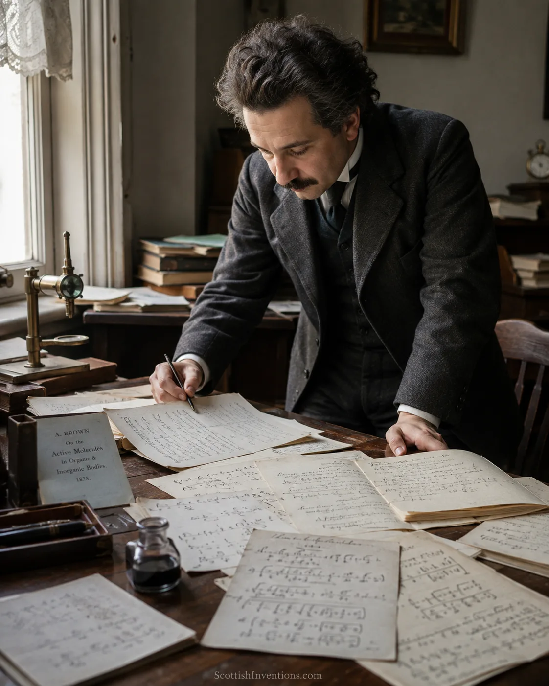 Historical-style scientific scene representing the mathematical analysis that eventually explained Brownian motion.