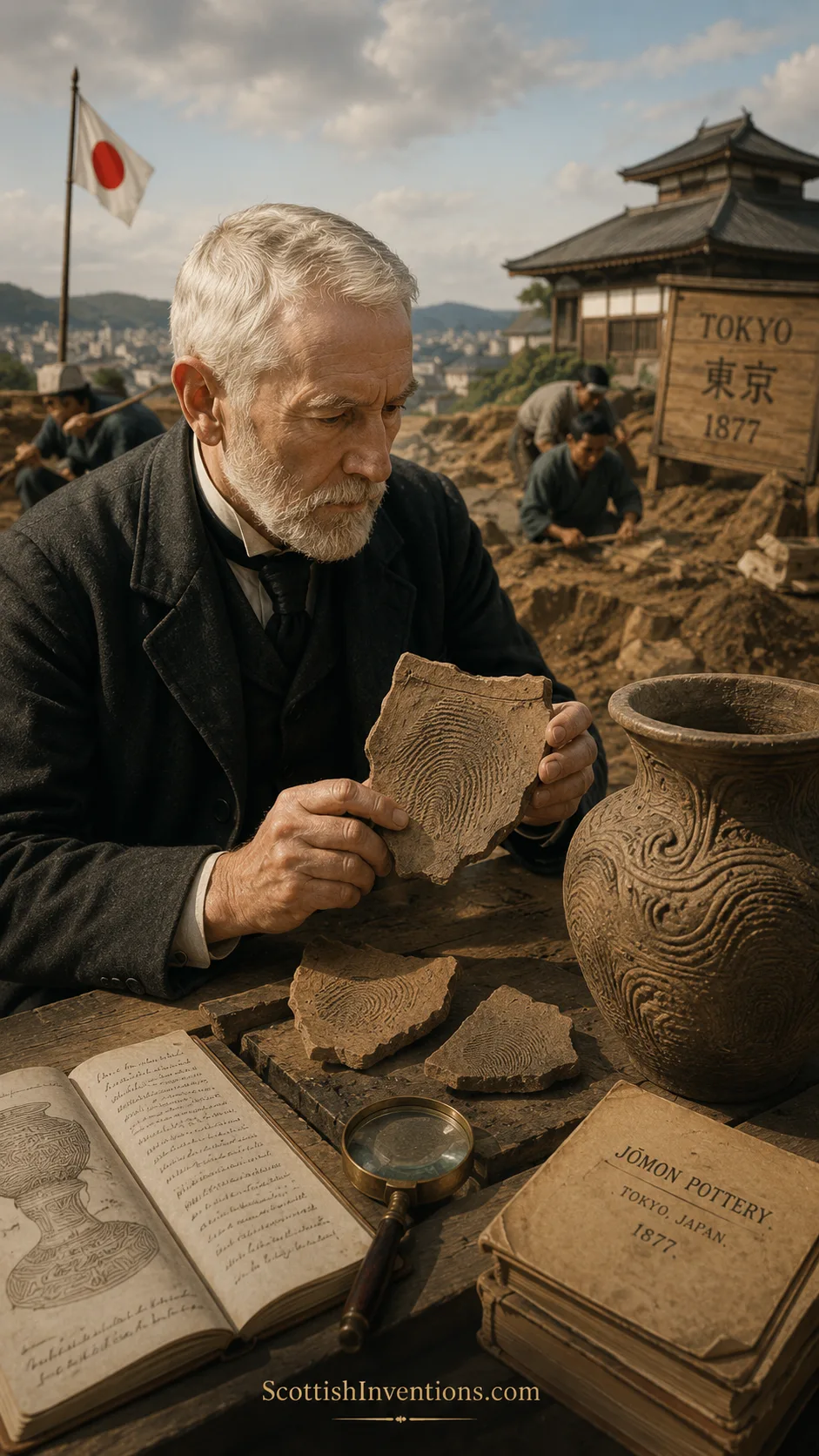 Henry Faulds studying fingerprint impressions on ancient Japanese Jomon pottery near Tokyo