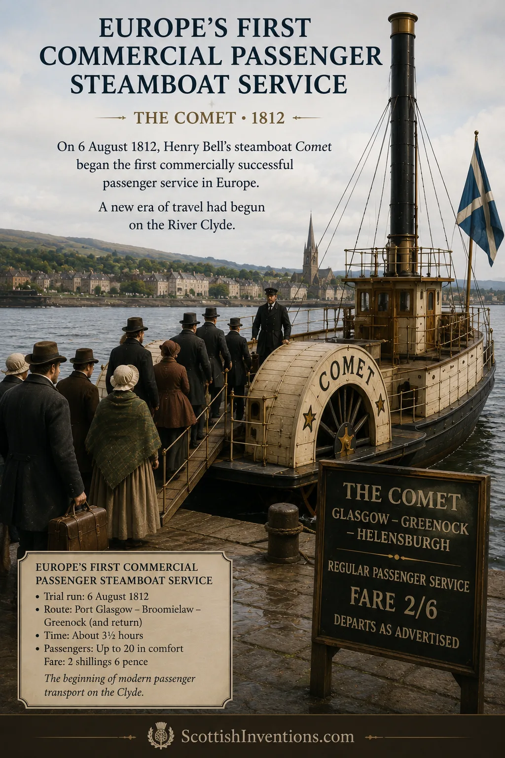 Passengers boarding Henry Bell's Comet for Europe's first commercial steamboat service on the Clyde.