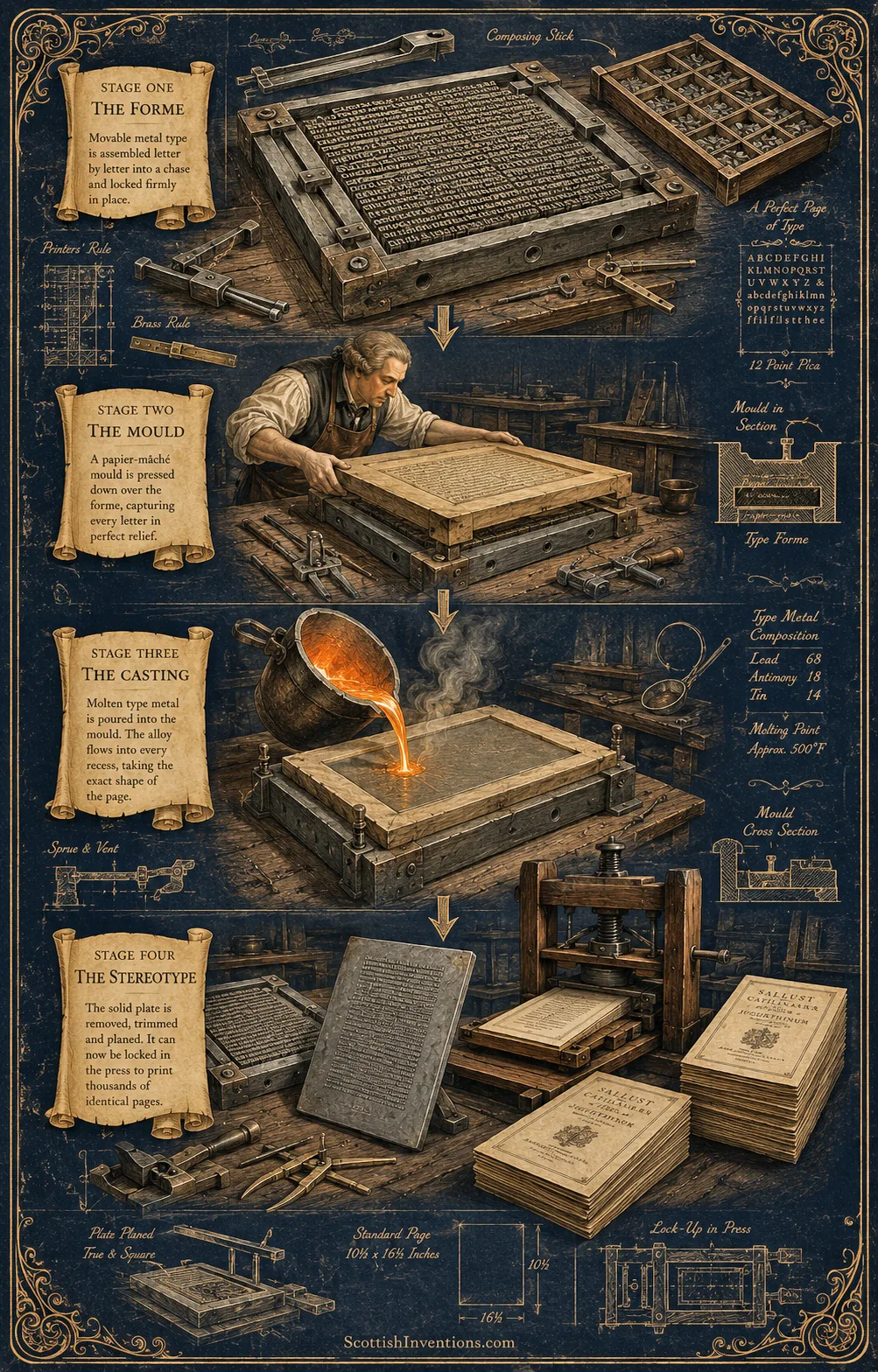 Illustrated explanation showing William Ged's four-stage stereotype printing process from movable type to cast printing plate