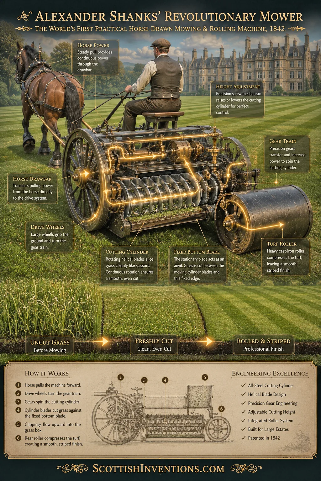 How Alexander Shanks' Cylinder Lawnmower Worked Engineering cutaway showing the working mechanism of Alexander Shanks' horse-drawn cylinder lawnmower