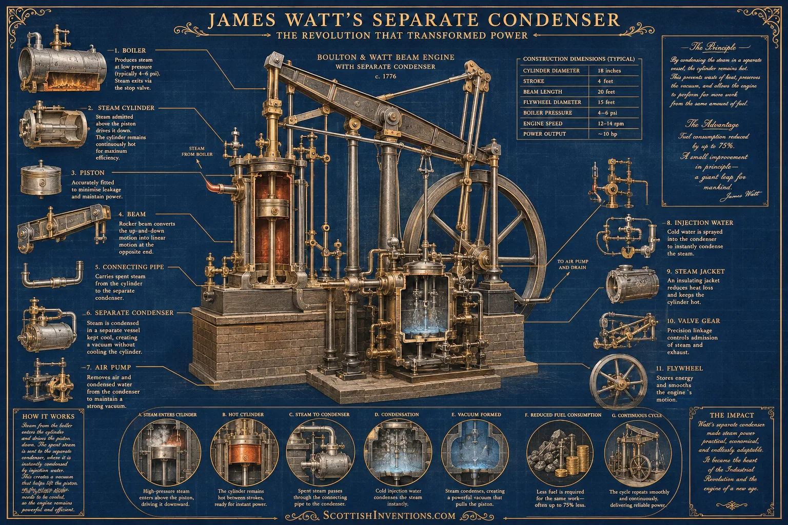 The Separate Condenser Explained Engineering diagram of James Watt's separate condenser