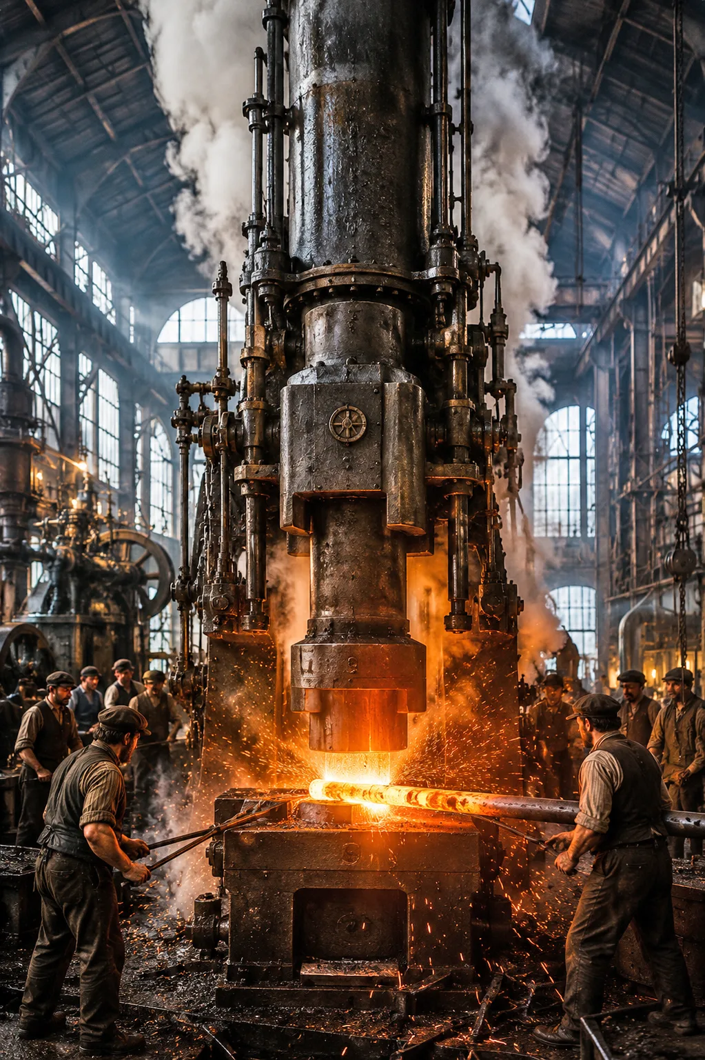 Victorian steam hammer forging glowing steel inside an industrial forge