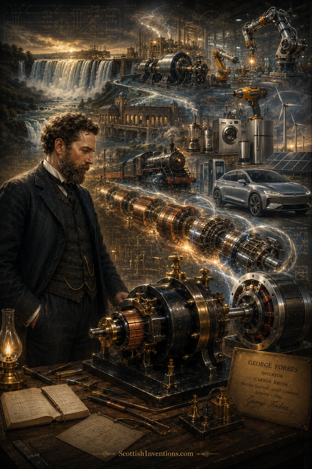 George Forbes Perfecting the Carbon Brush George Forbes testing an early Carbon Brush on an electrical dynamo in his Victorian laboratory.