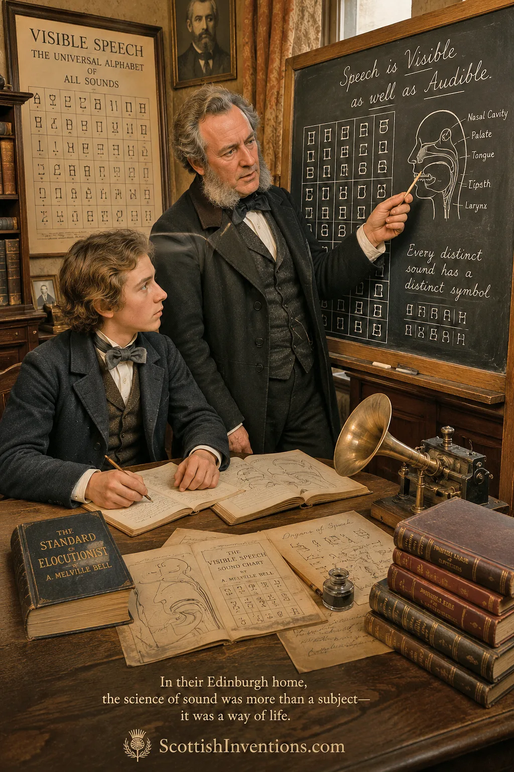 Young Alexander Graham Bell with his father Melville Bell studying Visible Speech and the science of elocution in their Edinburgh home