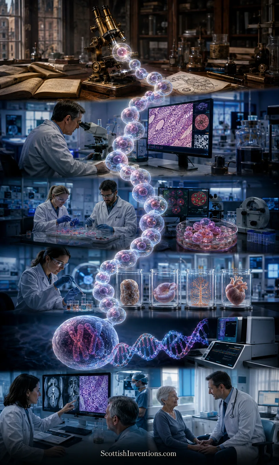A legacy chain from Goodsir's 1845 centres of nutrition through Virchow's cellular pathology to modern cell biology and cancer research laboratories