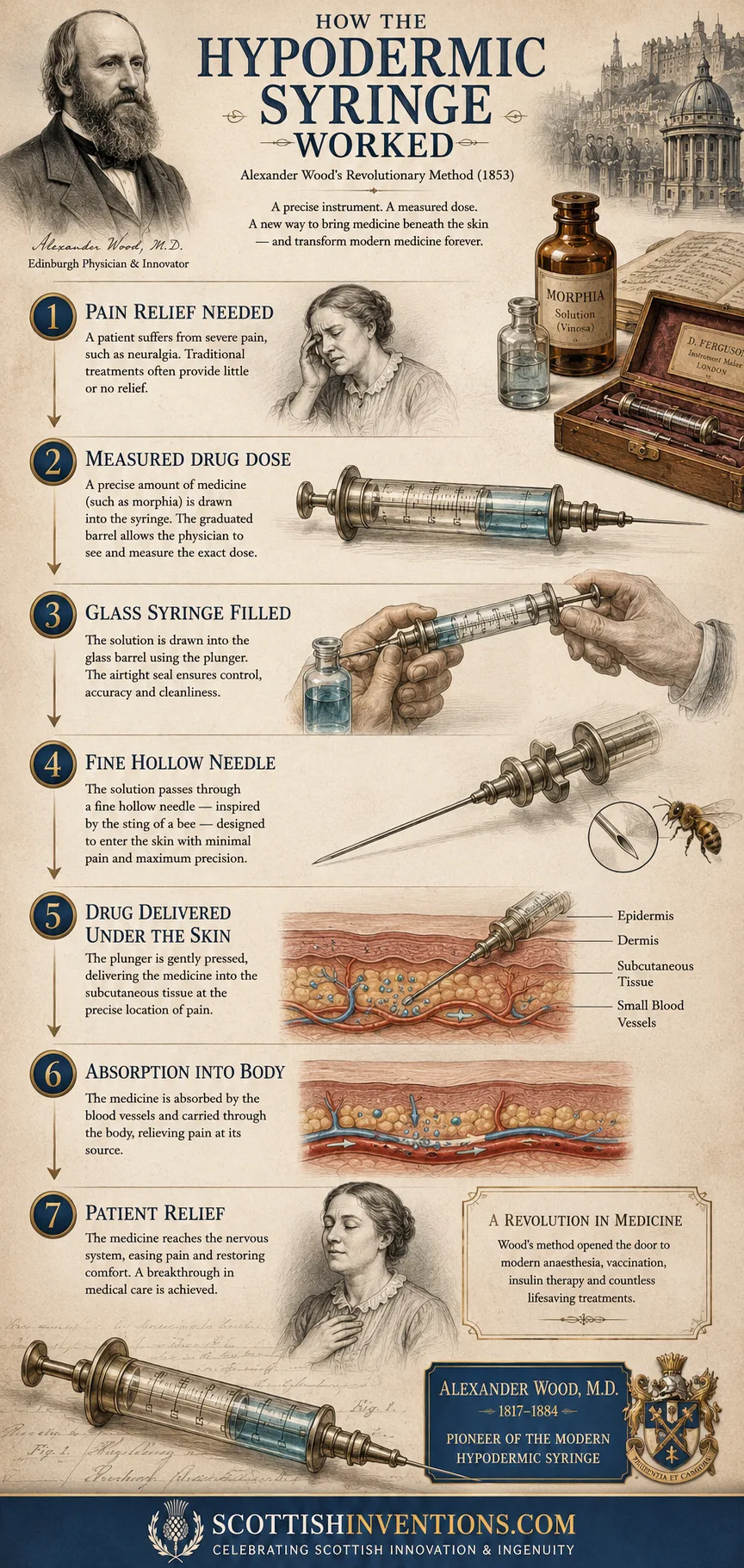 Illustrated explanation showing how Alexander Wood's hypodermic syringe delivered medicine beneath the skin