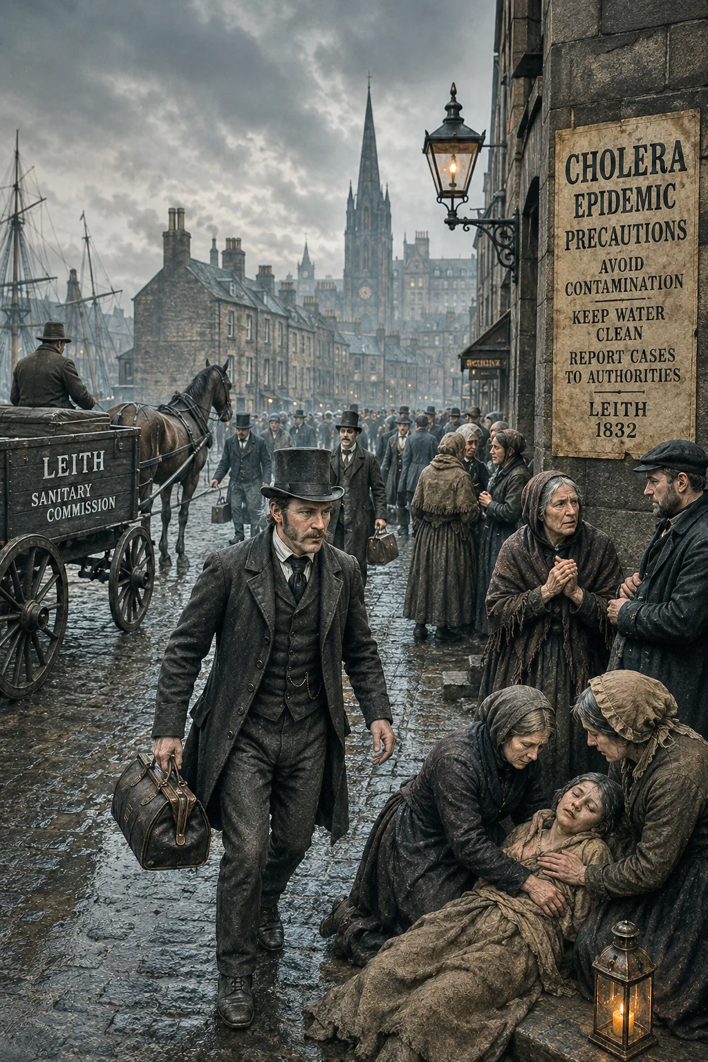 The 1832 cholera epidemic in Edinburgh and Leith Scotland with sanitary commission cart and stricken patients