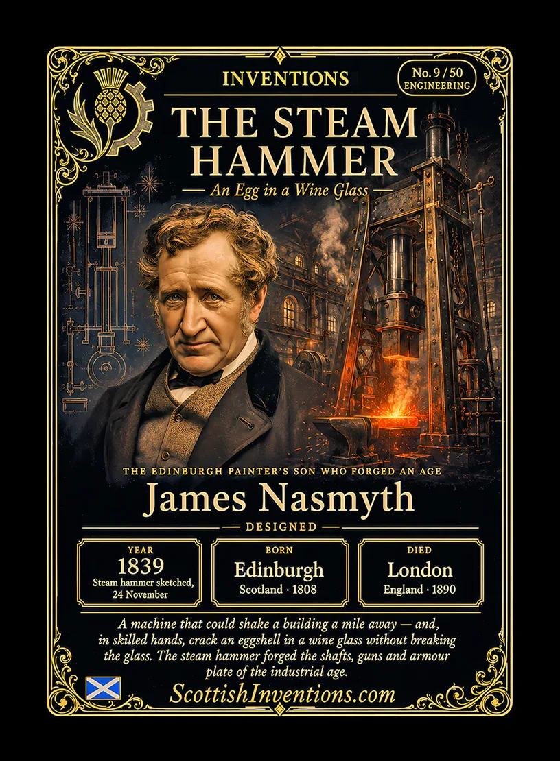 The Steam Hammer / The Steam Hammer Back — Scottish Inventions Collection The Steam Hammer collectible card — James Nasmyth, born Edinburgh Scotland 19 August 1808, designed the steam hammer in 1839, creating the giant forging machine that built the industrial age while being precise enough to crack an egg in a wine glass without breaking the glass, Scottish Inventions Collection No. 9 of 50