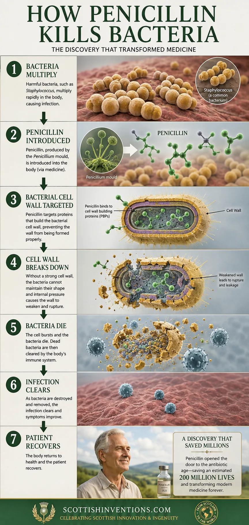 Infographic showing how penicillin kills bacteria in seven steps — binding to cell-wall proteins, breaking down the wall and rupturing the bacterial cell