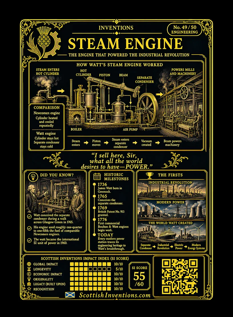The Steam Engine back — Scottish Inventions Collection The Steam Engine card reverse — diagram contrasting the Newcomen single-cylinder engine heated and cooled every stroke with Watt's separate always-cold condenser, James Watt timeline from 1736 to 1775, notes on the kettle myth and the Lunar Society of Birmingham