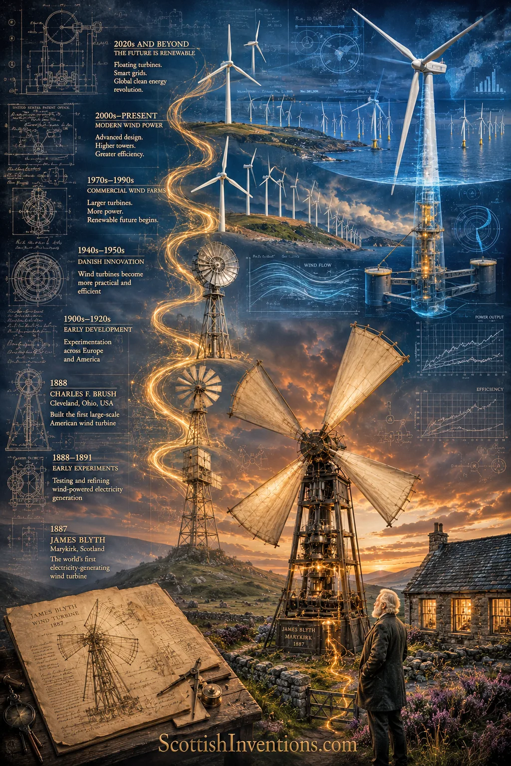Timeline showing the evolution of electricity-generating wind turbines from James Blyth to modern offshore wind farms