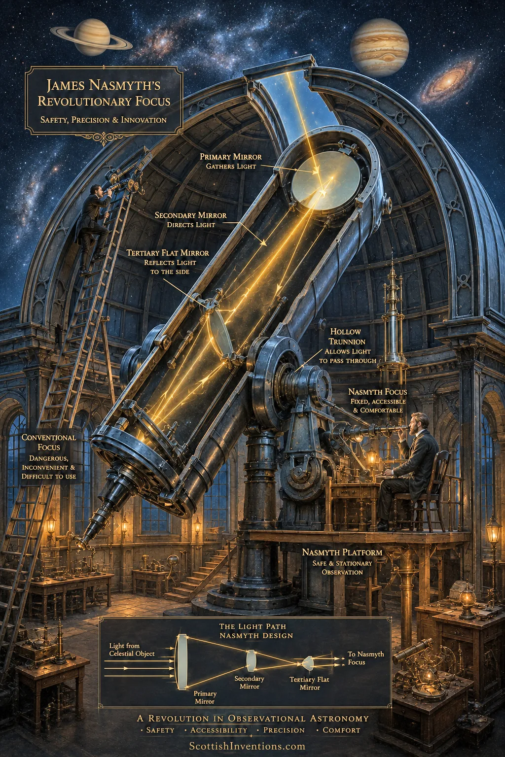 Diagram illustrating James Nasmyth's revolutionary telescope focus still used by modern observatories