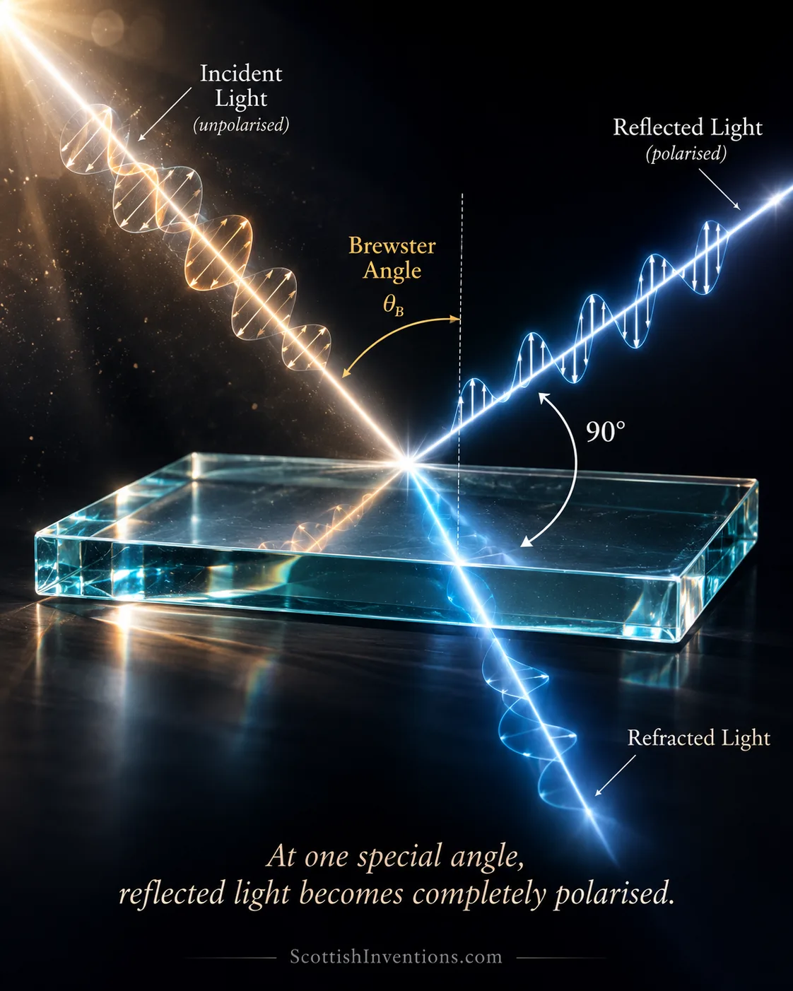 Diagram showing unpolarised light striking glass at the Brewster angle, producing a fully polarised reflected beam and a partially polarised refracted beam 90 degrees apart