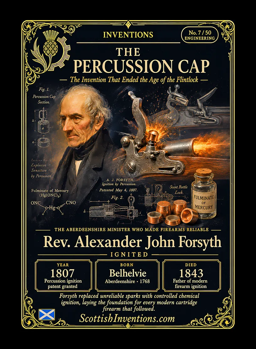 The Percussion Cap / The Percussion Cap Back — Scottish Inventions Collection The Percussion Cap collectible card — Reverend Alexander John Forsyth of Aberdeenshire patented percussion ignition in 1807, replacing unreliable flintlock sparks with explosive chemical ignition and creating the foundation of all modern firearm primer systems.