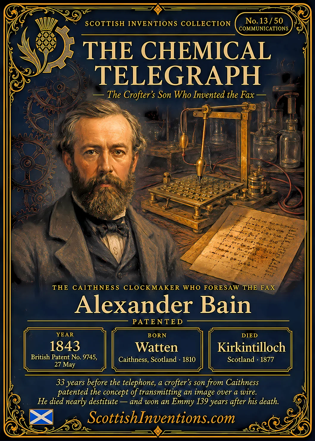 The Chemical Telegraph / The Chemical Telegraph Back — Scottish Inventions Collection The Chemical Telegraph collectible card — Alexander Bain of Watten, Caithness, patented the Chemical Telegraph in 1843, introducing the world's first image transmission system and the scanning principle that led to the fax machine, Scottish Inventions Collection No. 13 of 50