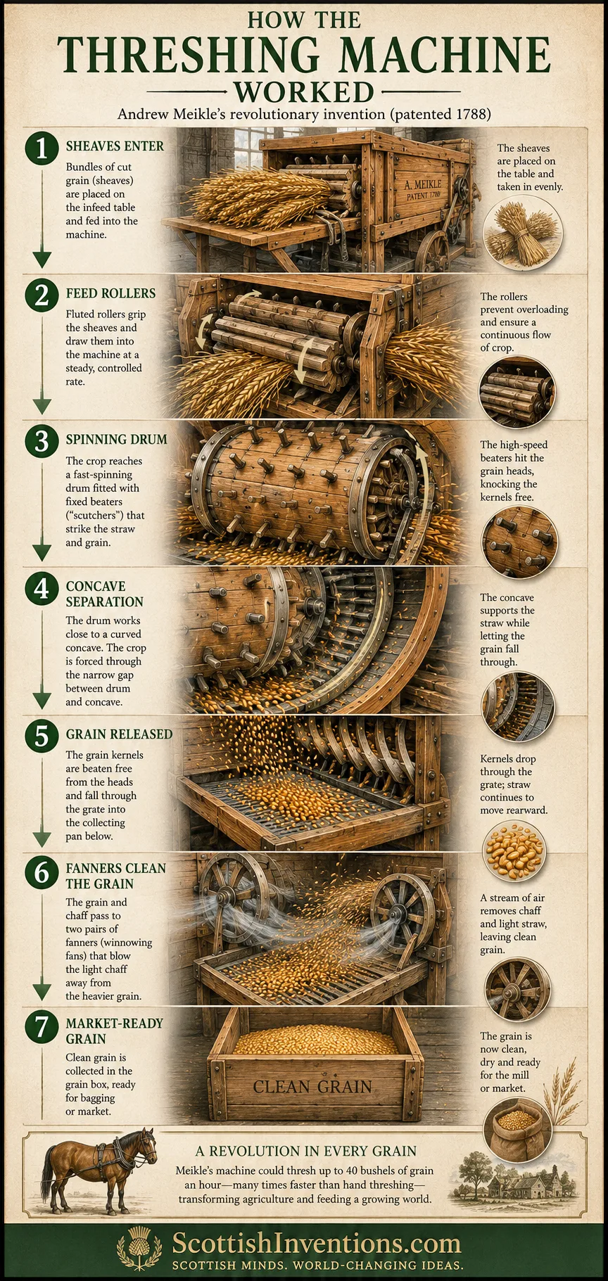 Step-by-step infographic of how Meikle's 1788 threshing machine worked — sheaves enter, feed rollers, spinning drum with scutchers, concave separation, grain released, fanners clean the grain, market-ready grain