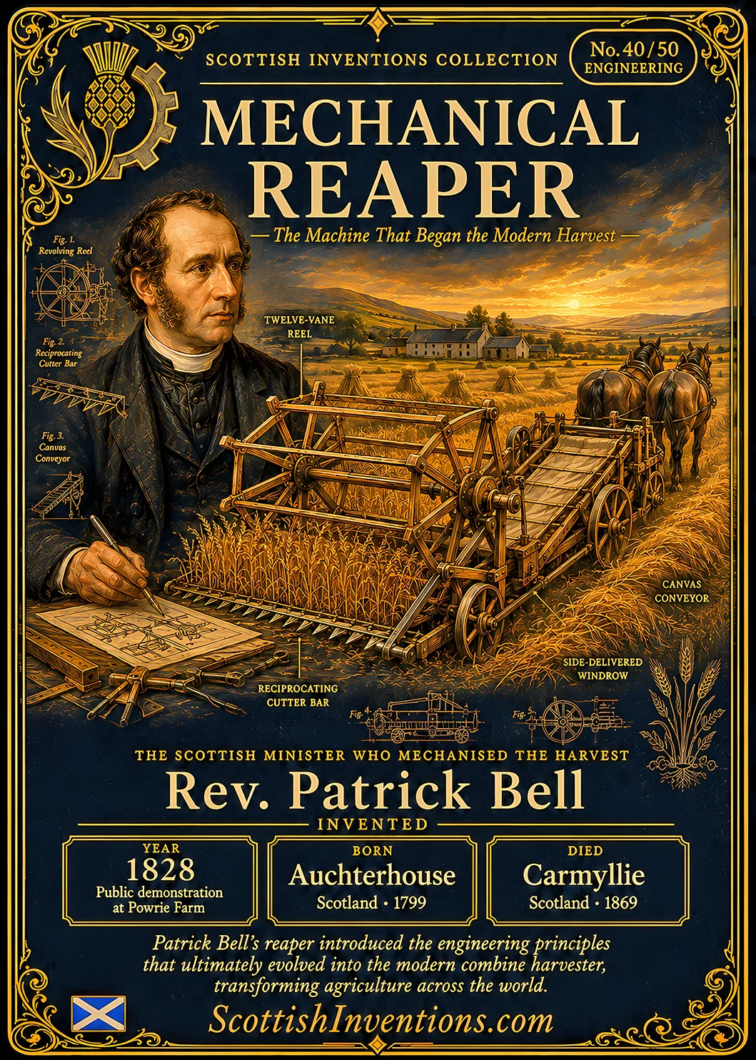 Mechanical Reaping Machine — Scottish Inventions Collection Mechanical Reaping Machine collectible card — Rev. Patrick Bell, born Auchterhouse Scotland 1799, died Carmyllie Scotland 1869, inventor of one of the world's first practical mechanical reaping machines, publicly demonstrated in 1828, Scottish Inventions Collection No. 40 of 50.