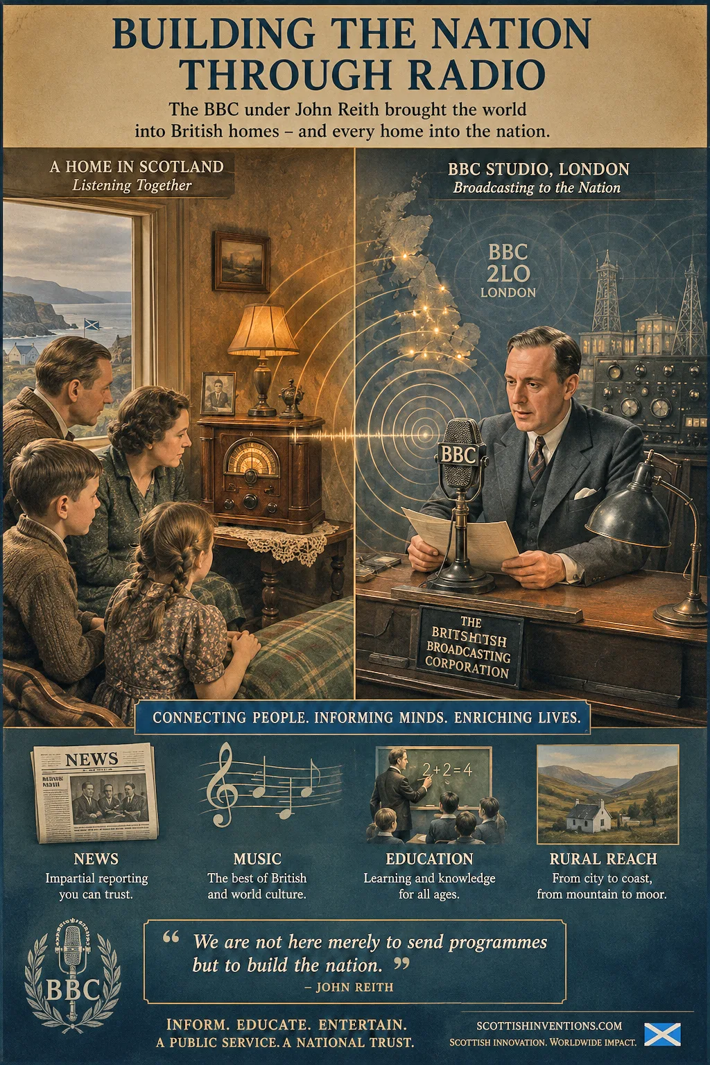 Building the nation through radio — a Scottish family listening to the BBC at home next to a BBC announcer broadcasting from Studio 2LO London