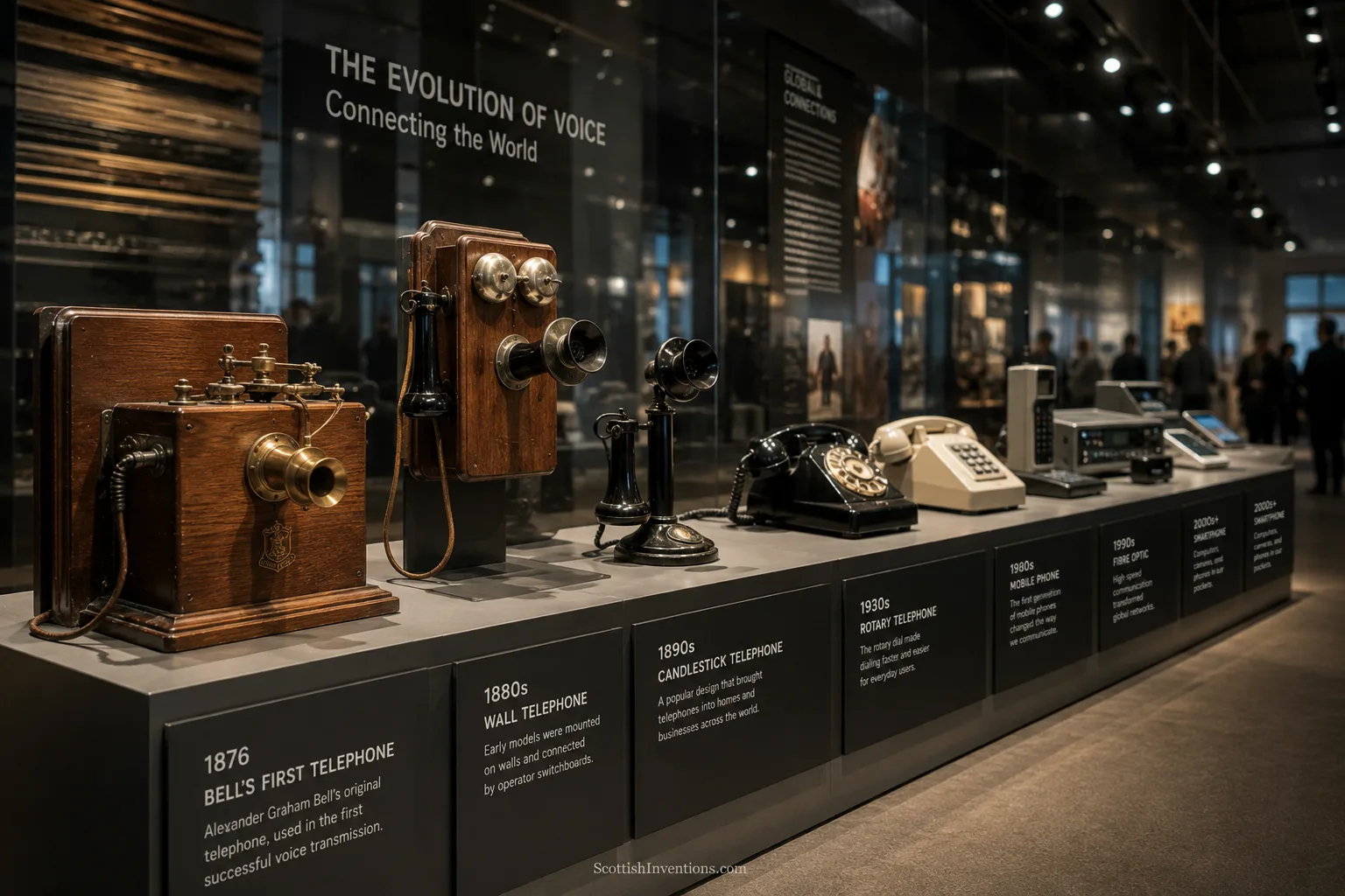 Museum display showing the evolution of telephones from Bell's 1876 instrument to the modern smartphone