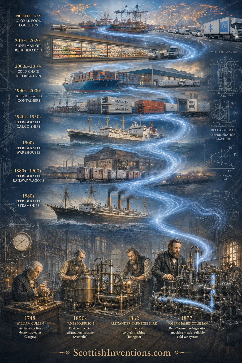 From the Bell-Coleman Machine to the Modern Cold Chain Timeline showing the evolution from the Bell-Coleman refrigeration machine to today's refrigerated ships, logistics networks and supermarket cold chains.