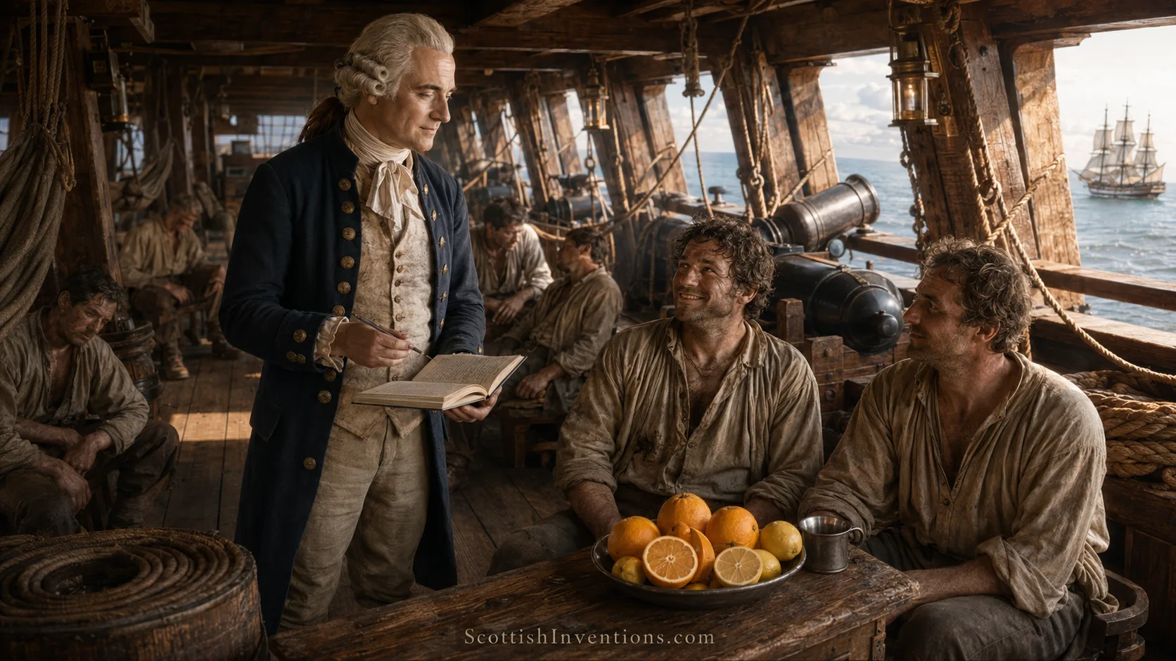 James Lind aboard HMS Salisbury in 1747 presenting oranges and lemons to sailors as part of his controlled scurvy trial