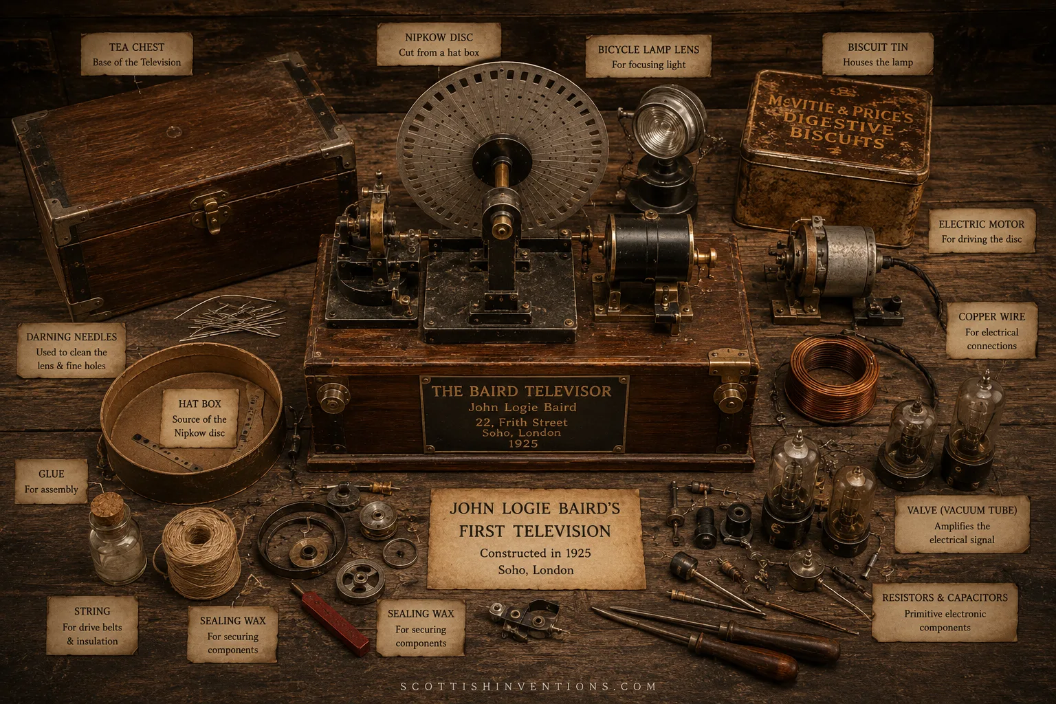 Annotated flat lay of the component parts of John Logie Baird's 1925 Televisor — tea chest, hat-box Nipkow disc, biscuit tin, bicycle lamp lens, darning needles, sealing wax, electric motor, copper wire and vacuum tubes