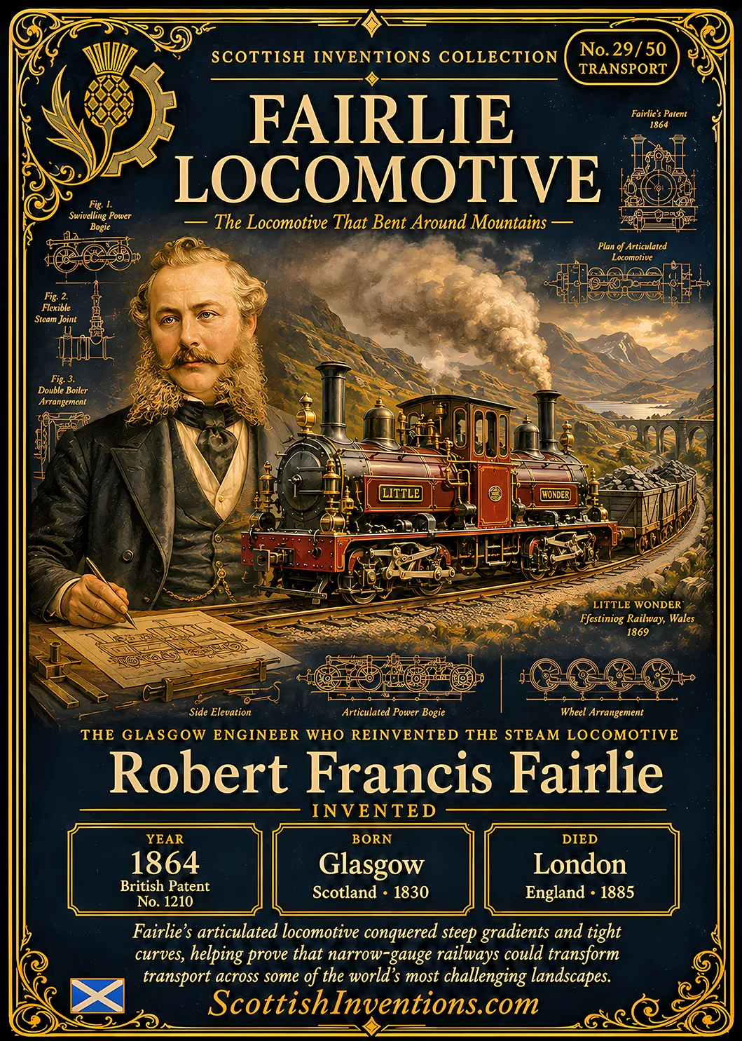 Fairlie Locomotive — Scottish Inventions Collection Fairlie Locomotive collectible card — Robert Francis Fairlie, born Glasgow Scotland 1830, died London England 1885, inventor of the articulated double-ended Fairlie locomotive, British Patent No. 1210 of 1864, Scottish Inventions Collection No. 29 of 50.