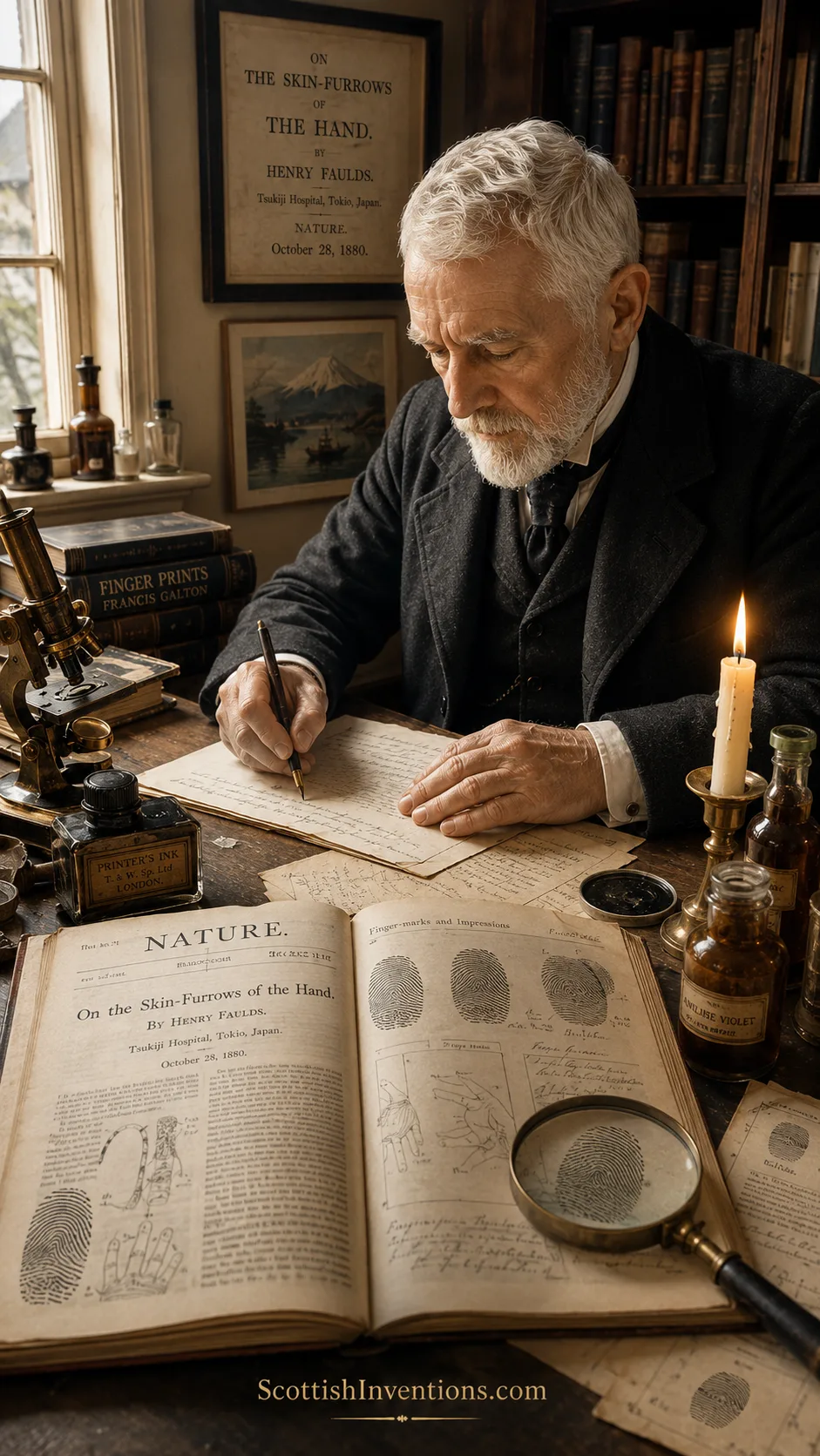 Henry Faulds writing fingerprint research paper published in Nature journal in 1880