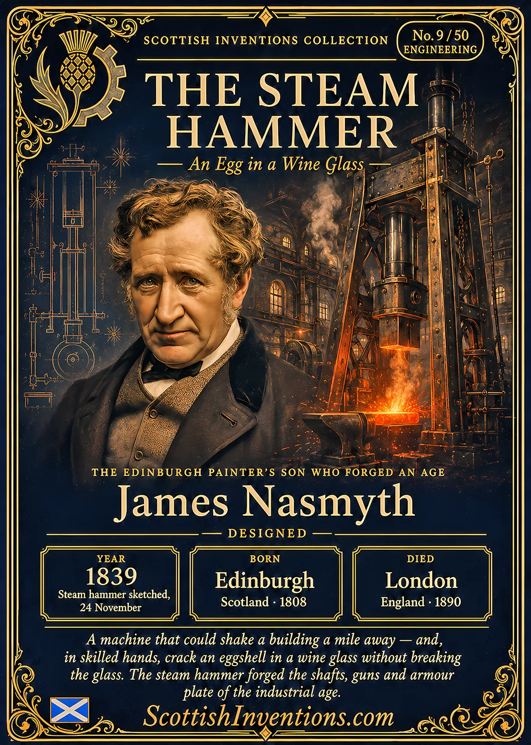 The Steam Hammer / The Steam Hammer Back — Scottish Inventions Collection The Steam Hammer collectible card — James Nasmyth, born Edinburgh Scotland 19 August 1808, designed the steam hammer in 1839, creating the giant forging machine that built the industrial age while being precise enough to crack an egg in a wine glass without breaking the glass, Scottish Inventions Collection No. 9 of 50
